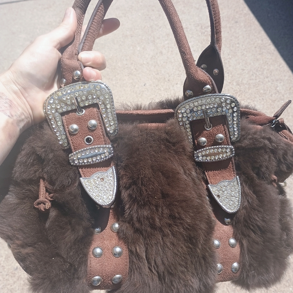 Brown Fur Handbag with Silver Accents
